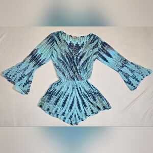 ​Khush Tie Dye Bell Sleeve Romper Size Small Blue Teal Rayon Handmade in Indo
